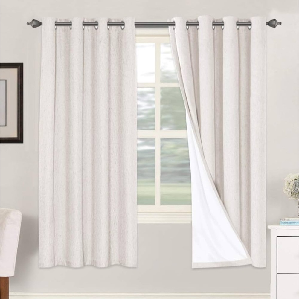 Linen Blackout Curtains 72 Inches Blackout Anti-Rust Grommet 2 Panels, Ivory
